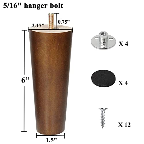 Furniture Legs Wood Sofa Legs Walnut Color Couch Replacement Legs for Cabinet Vanity Couch Chair Dresser Pack of 4 (6 inch) - size: 6 inch Brown