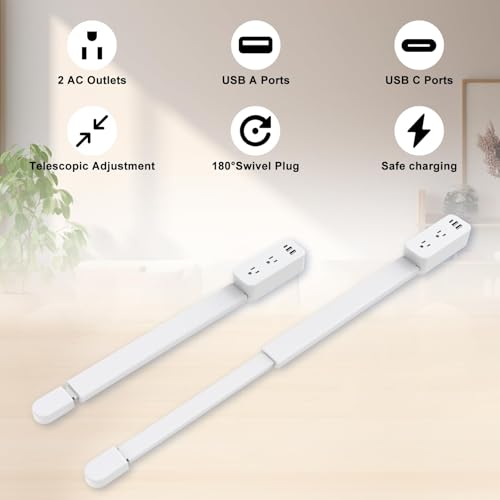 Electrical Outlet Extender Stick - Features USB-A, USB-C and 2 AC Outlets, Extends 22"-34", Rotates 180° Access Hard-to-Reach Outlets, Wall Plug Power Socket Expander Nightstands, Sofa, Desks and More - color: Off White