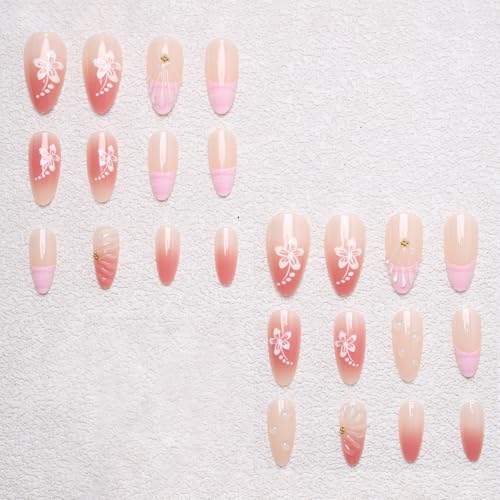 3D Pink Press on Nails Almond - Medium French Tip Fake Nails with Embossed Flower&Gold Bead Designs, Glossy Finish Reusable False Nails for Women Manicure(3D Embossed design 18） - color: 3D Embossed design 18