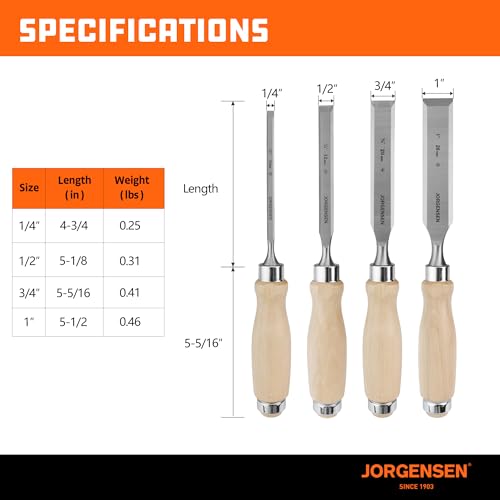 Jorgensen 4-Piece Wood Chisel Set, 1/4", 1/2", 3/4", 1" - size: 1/4", 1/2", 3/4", 1"
