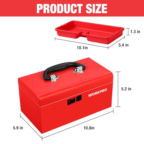 WORKPRO 10.8" Mini Metal Tool Box with Removable Tray - color: Red