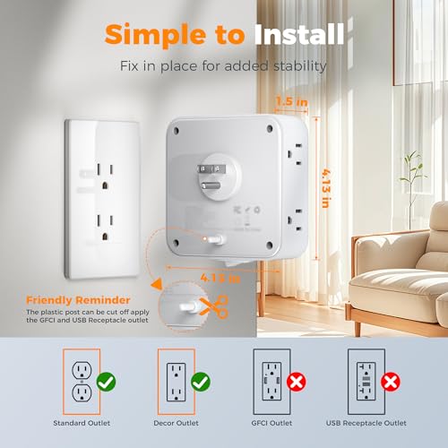 TESSAN Wall Surge Protector Outlet Extender with 8 Outlets Wall Charger - color: White, size: 2 USB-A+1 USB-C