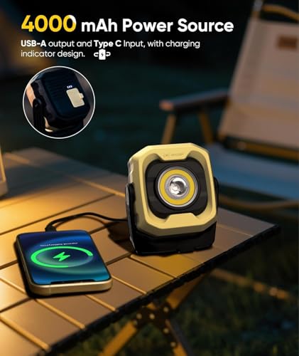 HOTLIGH Work Light, Magnetic Light with IPX4 Waterproof, 4000mAh Battery Led Work Light with 360° Rotating Design, Camping Light for Car Repair, Camping, Emergency, 2 Pack