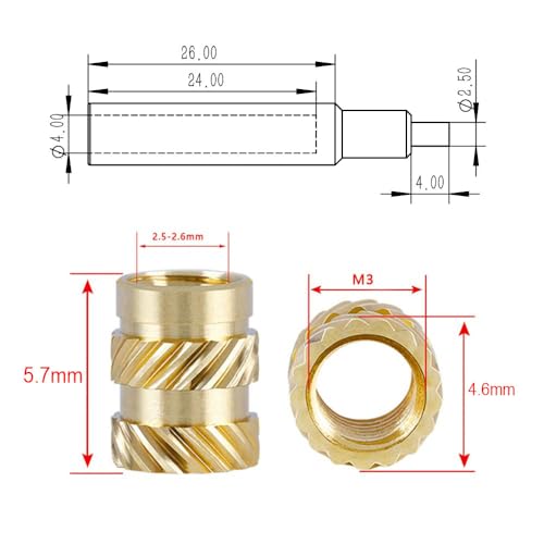 M3 Press in Threaded Inserts for plastic-100Pcs M3x5.7x4.6 with Heat Set Insert Tools-Brass Metric Knurled Nuts for 3D Printing Components and Plastic Parts - size: M3xL5.7xD4.6-100Pcs