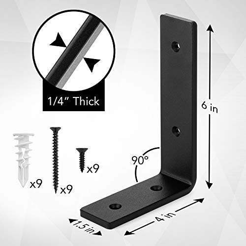Premium Heavy-Duty Shelf Brackets - Quarter Inch (1/4') Thick - Rustic Industrial Modern Farmhouse Black Iron Finish Shelf Holder Hanger Bracket w/ Hardware, 4-PK - Multiple (6' x 4') - size: 6" x 4", style: L Bracket