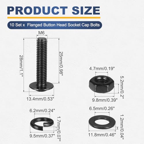 M METERXITY 10 Set M6 x 25mm Flanged Button Head Socket Cap Screws, Black 304 Stainless Steel 18-8 Hex Socket Head Screws Bolts, Nuts, Flat & Lock Washers for DIY, Furniture, Automotive - size: M6 x 25mm