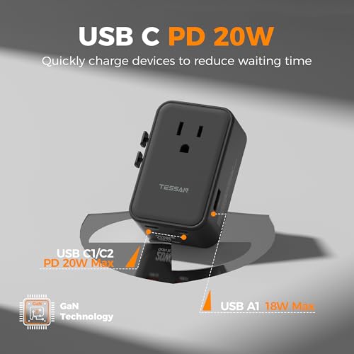 TESSAN 20W International Power Adapter, Black - color: Black