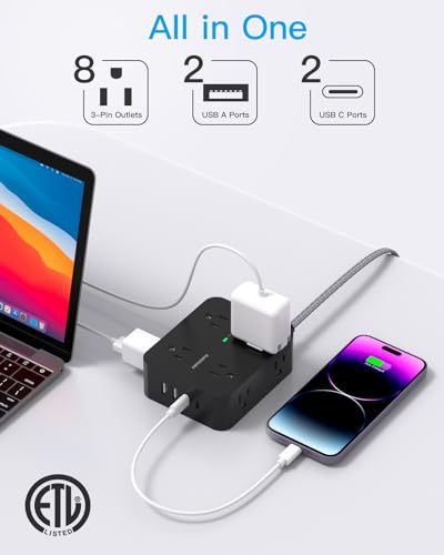 HANYCONY 6Ft Surge Protector Power Strip USB C, 1080J, 8 Outlet Extender - color: Black, size: 6ft