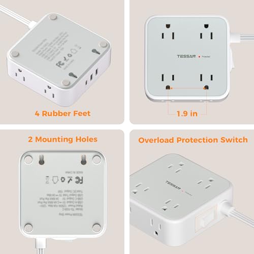 TESSAN Surge Protector Power Strip with 900J Surge Protection, 5 Ft, Grey - color: Grey with 20W PD, size: 5 feet