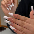24Pcs Press on Nails Almond - Medium French Tip Fake Nails with Embossed Flower Designs, Glossy Finish Reusable False Nails with Glue Tabs - 24Pcs Nail Kit (White butterflies) - color: White butterflies