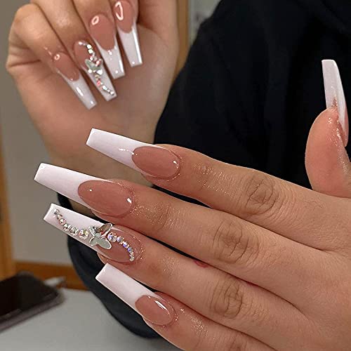 24Pcs Press on Nails Almond - Medium French Tip Fake Nails with Embossed Flower Designs, Glossy Finish Reusable False Nails with Glue Tabs - 24Pcs Nail Kit (White butterflies) - color: White butterflies