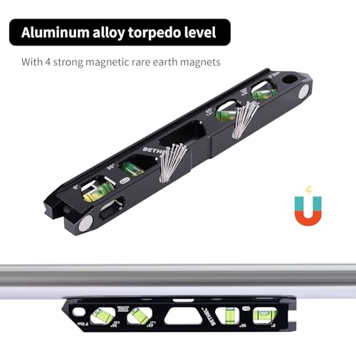 BETHEL 9 Inch Magnetic Torpedo Level with 4 Bubble Vials, V-Groove & Magnetic Rails, Black Aluminum Alloy Construction - color: Black 9in