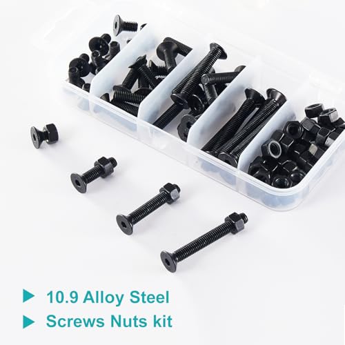 M5 x 10mm 20mm 30mm 40mm, Flat Head Hex Socket Cap Screws Bolts, Countersunk Bolts and Nuts, 10.9 Grade Alloy Steel, Black Oxide, Metric Allen Drive, Fully Thread, Assortment Kit 80PCS - size: M5x10-40mm+Nuts