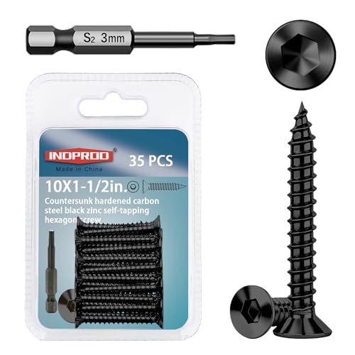 35-Piece #10 x 1-1/2" Flat Head Hex Socket Self Tapping Screws - Black Zinc Plated Steel, Countersunk Wood Screws with Drive Bit, for Woodworking & Furniture Repair - size: #10 x 1-1/2"