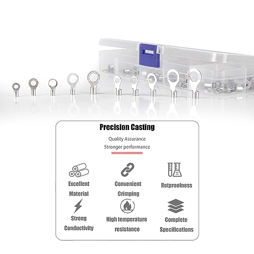 250 Uninsulated Ring Terminals, Brass Ring Connectors, AWG 22-16, 16-14, 14-12, 12-10 Crimp-On Wire Connectors, Tin-Plated Wire Terminals, Batteries