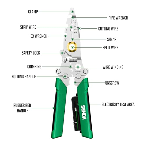 12 in 1 Foldable Wire Stripper with Electricity Measurement Function & Dual Alarms Multifunctional Professional Electrician's Pliers Cable Stripping Pliers (Green, Wire Stripper (Centre Split) 8.5") - size: Wire Stripper (Centre Split) 8.5"