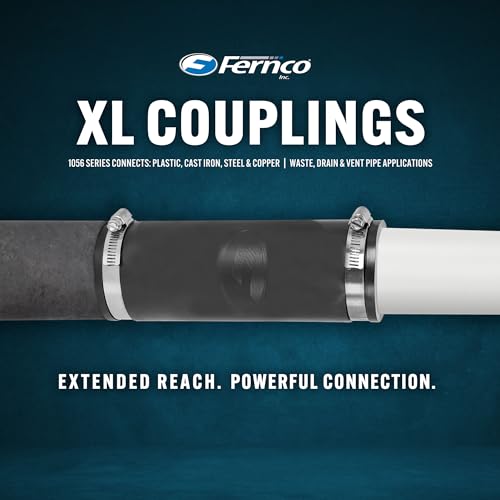 Fernco XL 1056-1502 1-1/2 in Flexible Pipe Coupling, Extra-Long 6.88 in DWV Sewer/Drain Connector, Fits OD 1.65–2.00 in, Cast Iron/PVC/Lead/Steel - size: 1.5" to 1.5"