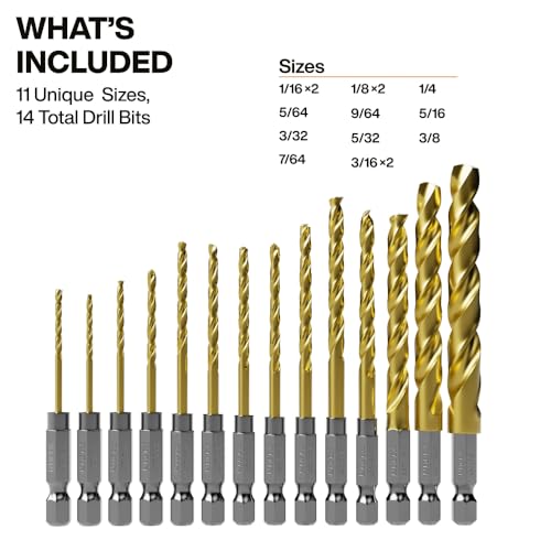 Klein Tools 53614 14-Piece Titanium Drill Bit Set, Impact-Rated, 1/4-Inch Hex Shank, Cuts Metal, Plastic, Wood, 11 Unique Sizes - size: 14-Piece Drill Bit Set
