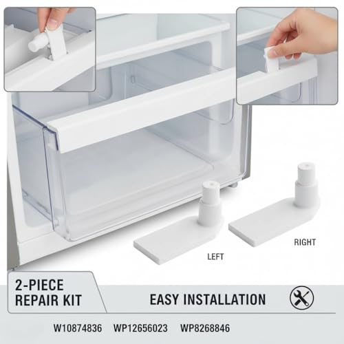Refrigerator Pantry Door Hinge Repair Kit for Whirlpool, Replaces W10874836, WP12656023, 12656014, WP8268846, 2-Pack (Left & Right) for Broken Fridge Drawer Hinges