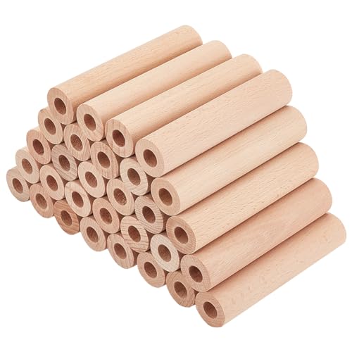 OLYCRAFT 30Pcs 4x0.9 Inch Hollow Wood Sticks Round Wooden Dowel Rod with 0.4 Inch Hole Unfinished Beech Wood Rods Natural Wood Round Rods for DIY Crafts Arts Projects - size: 10.2cm