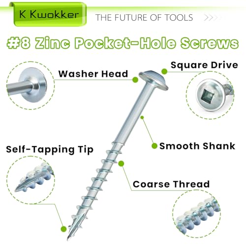 460Pcs Pocket Hole Screws, 1" 1-1/4" 1-1/2" 2" 2-1/2" Wood Screws Assortment Kit #8 Coarse Thread Zinc Pocket Screw Jig Kit, Square Drive, Self Tapping, Indoor Internal, w/ 150MM Drive Bit - size: C. #8