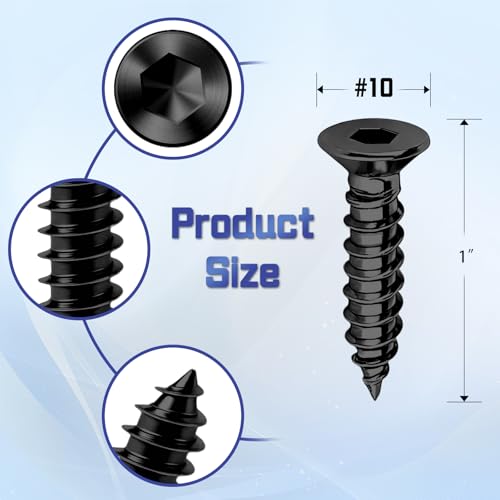 60-Piece #10 x 1 inch Flat Head Hex Socket Self Tapping Screws - Black Zinc Plated Steel, Countersunk Wood Screws with Drive Bit, for Woodworking & Furniture Repair - size: #10 x 1"