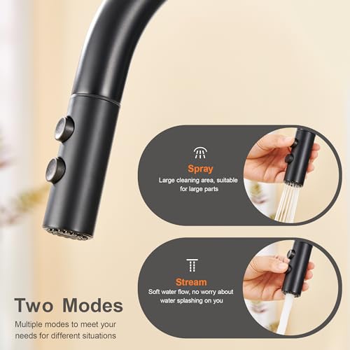 TIORIY Metal Kitchen Faucet Spray Head Replacement, Stainless Steel Pull Down Kitchen Faucet Head with 15 Adapters, 2 Functions Kitchen Faucets Nozzle, Black - color: Matte Black