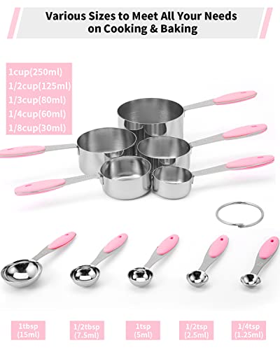 Joyhill Stainless Steel Measuring Cups and Spoons Set of 10 Piece, Nesting Metal Measuring Cups Set with Soft Touch Silicone Handles for Dry and Liquid Ingredients, Cooking & Baking (Pink) - color: c)Stainless Steel-Pink