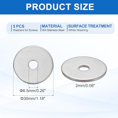 MECCANIXITY 5 Pcs M6 Stainless Steel Flat Washers Round Assortment Parts Spacers Assorted for Screws, Bolts, Plumbing, Automotive, Electrical 6.5mm ID 30mm OD 2mm Thick - size: M6, 6.5mm ID 30mm OD 2mm Thick