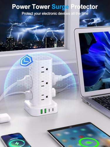 10FT Power Strip Tower Surge Protector, 12 Wide Spaced Outlets, 4 USB - color: White, size: 10FT without Wireless Charging