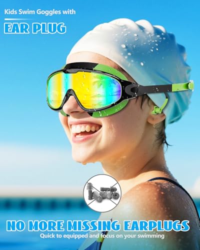 Aegend New Kids 2 Pack Wide View Swim Goggles, Anti-Fog/UV No Leak Goggles with Ear Plugs Kids 3-14 - color: Green Gold & Bright Rose