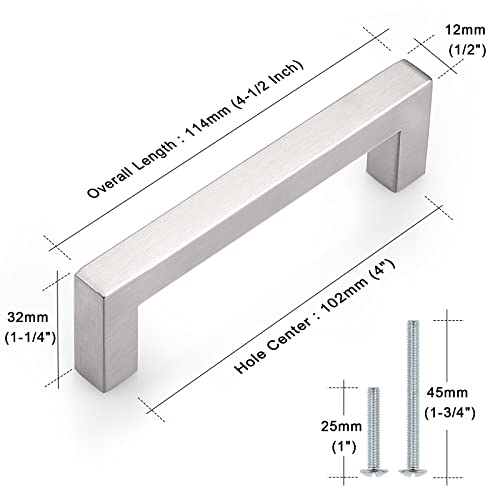 Probrico (10 Pack 4 Inch Modern Square Cabinet Handles Pulls Stainless Steel,T Bar Satin Nickel Handle Pull for Drawer Dresser Cupboard Wardrobe Bathroom Vanity,Kitchen Furniture Hardware - color: Brushed Nickel, size: hole center 4"