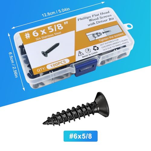 100PCS #6 x 5/8" Black Wood Screws, Flat Head Stainless Steel Sheet Metal Screws, Fast Self Tapping Screws for Deck Drywall Concrete Screws with Screwdriver Bit - style: Black #6X5/8" Flat Head 100PCS
