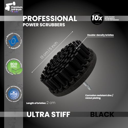 Premium Drill Brush Professional–Ultra-Stiff Black 5 pcs. Set (5/4/3.5/2in Brushes + 6in Extension) | Scratch-Free Heavy-Duty Cleaning Brushes for Concrete, Brick, Stone, Metal, Grills, Rust - color: Black
