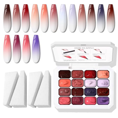 Ombre Gel Polish Palette,16Colors Pat Gel Paint Nail Art Kit Sponge Patting - color: 16 Colors F