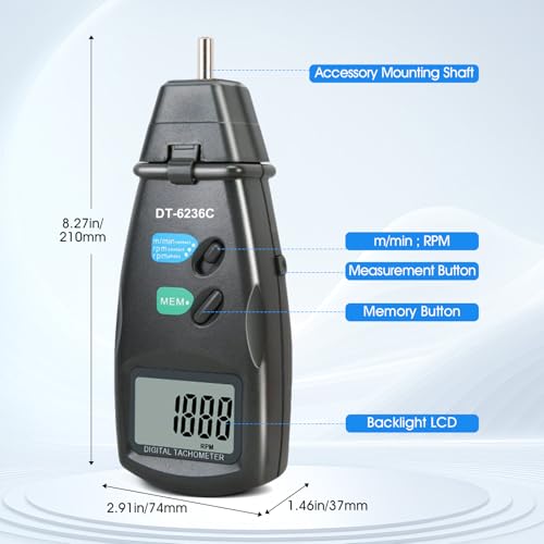 2-in-1 Digital RPM Tachometer Gauge, AIOMEST Non-Contact Laser Photo Tacómetro 2.5~99,999RPM, Contact Tester 0.5~19,999 RPM, RPM Meter for Engine, HVAC Motor, Drone propellor Speed - color: black