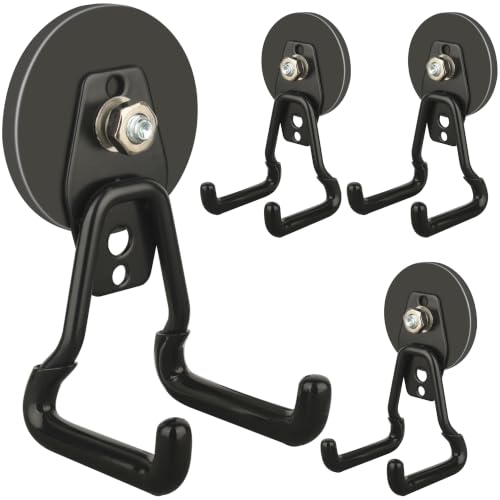 ULIBERMAGNET New Upgraded Heavy Duty Magnetic Garage Hooks,4 Pack Strong Large Magnet Hooks for Power Drill,Garden Tools,Hose,Pegboard,Garage, Workshop,Magnetic Storage Hook for Hanging(Black) - style: Upgraded Black Medium L Strong Hooks