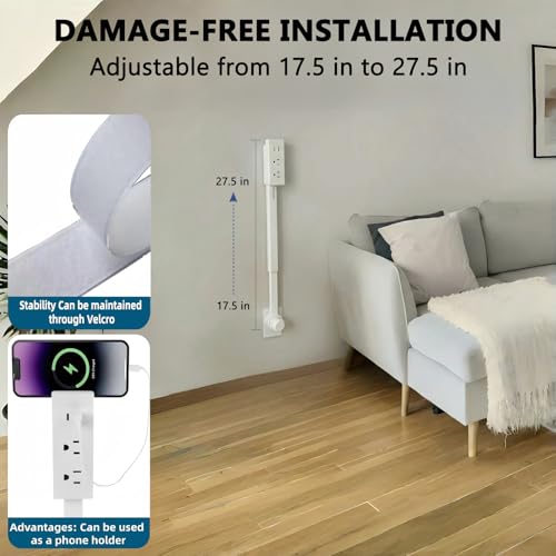 Electrical Outlet Extender Stick, Rotatable 180°,with USB-A,USB-C and 2AC, from 17.5'' - 27.5'', for Sofas, Bedside Tables, and Behind desks