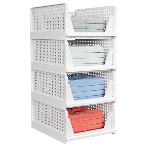 caktraie 4 Pack Stackable Closet Storage Basket - Stackable Storage Bins - size: 4 Pack White