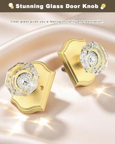 Gobrico Privacy Door Lock Sets Crystal Knobs Heavy Duty Door Hardware,Keyless Bath/Bed Door Knobset with Lock Inside,Push Pin Button,Satin Brass/Gold Arched Rosette,5 Pack - color: Satin Brass