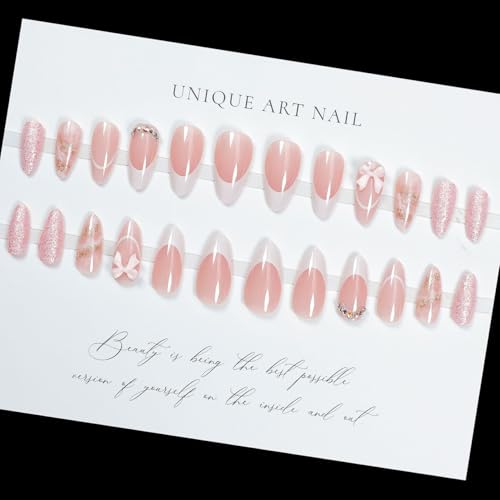 LPOODDNU Almond French Tip Press on Nails - Medium Pink Fake Nails with 3D Bow Diamond Glitter Designs, Glossy Finished Reusable False Nails with Glue Tabs - 24Pcs Nail Kit for Women Manicure - color: 3d bow french pink glitter