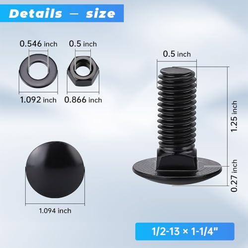 Glvaner (6 Sets) 1/2-13 x 1-1/4" Stainless Steel Carriage Bolts Screws Black and Hex Nuts & Flat Washers Black, Round Head Square Neck, 304 Stainless Steel 18-8, Full Thread Coverage - size: 1/2-13 x 1-1/4"
