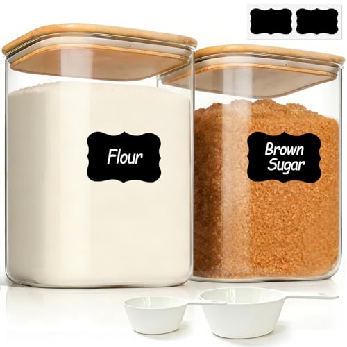 ComSaf Flour Sugar Storage Containers 4 Qt, Set of 2 Glass Flour Container | 1 Gallon Large Glass Storage Containers, 15cm Extra Wide Mouth Canisters, Easy Clean and Scoop, 4.4lb Flour Jar, BPA Free - size: 4Qt*2