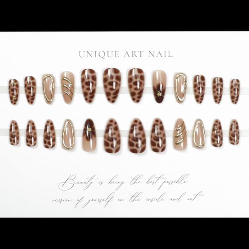 LPOODDNU Brown Almond Press on Nails - Medium Leopard Fake Nails with 3D Gold&Flower Designs, Glossy Finished Reusable False Nails with Double Adhesive Glue Tabs - 24Pcs Nail Kit for Women Manicure - color: brown leopard flower