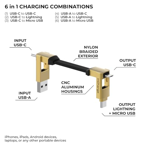 Rolling Square inCharge 6 - Keychain USB C Charger Cable, Lightning Cable and Micro-USB for Smartphone, Universal Cable Charger 6 in 1, USB Plug, 15W, Gold - color: Gold