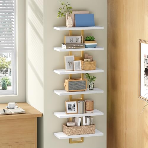 HOOBRO Floating Shelves, 15 Inch Wall Shelf Set of 3, Wall Mounted Storage Shelves 2-Tier, Hanging Bathroom Shelves, for Living Room, Bedroom, Bathroom, Kitchen, White and Gold DW32BJP301 - color: White + Gold