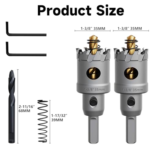 Metal Hole Saw 1-3/8''(35mm) 2Pcs Set Heavy Duty Tungsten Carbide Tipped Hole Cutters Set with a nitrided Step Drill and L-flench, for Steel Iron,Aluminum,Stainless stell,Plastic - size: 1-3/8''(35mm)-2PCS