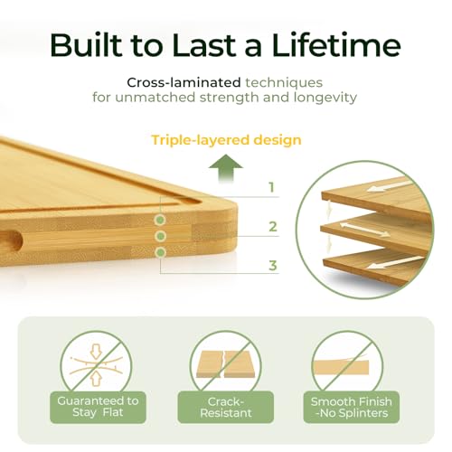 Keechee Chopping Board Duo 2-Pcs Natural Bamboo With Juice Channels & Knife-Friendly Finish For Versatile Kitchen Use(2Pcs) - color: Bamboo, size: 2-Piece
