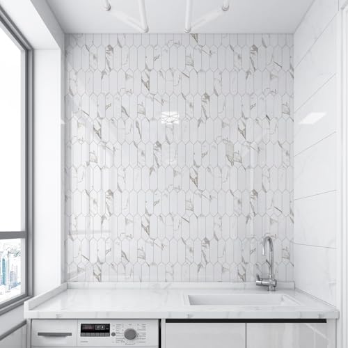 Vamos Tile Glossy White Marble with Gold Veining Backsplash Tile Peel and Stick, 12.8 x 12.8 Inch 10 Sheets Long Hexagon PVC Self Adhesive Mosaic Tiles Stick on Backsplash for Kitchen and Bathroom - color: White Marble with Gold Veining