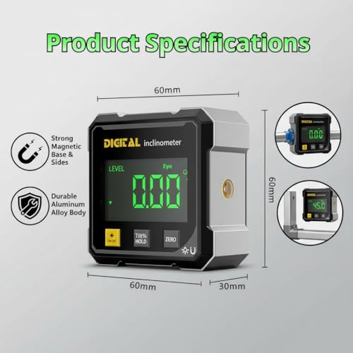 Digital Angle Finder,4 sided magnetic digital angle gauge, USB Rechargeable & Large LED Display for Woodworking, Construction (Black)